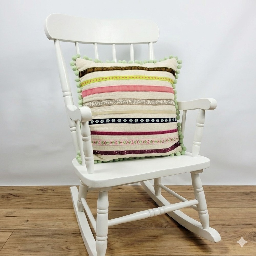 Pottery Barn Kids Floral Dot Ribbon Striped Throw Pillow Pom Pom Discontinued‎